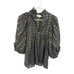 Never A Wallflower black Heart of gold Jacquard Blouse sz S Metallic Puff Sleeve